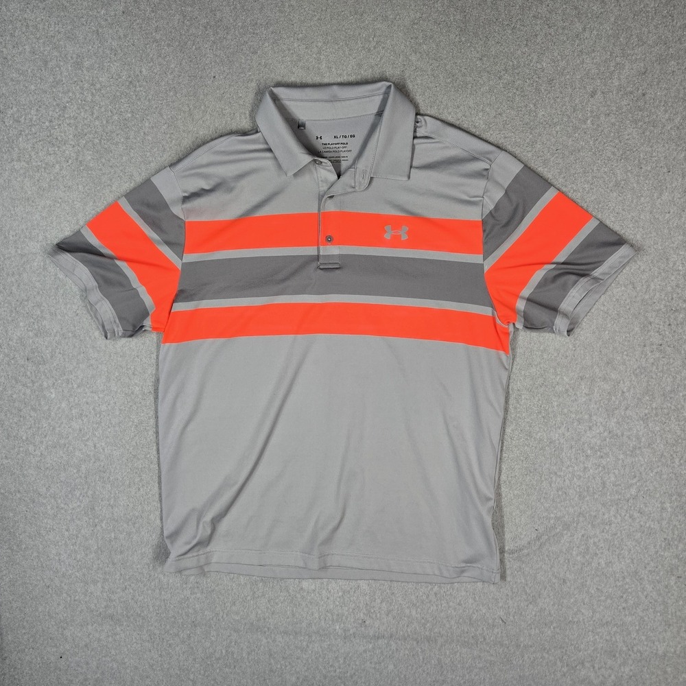 Under Armour Men Polo XL Gray Striped The Playoff Polo Logo Loose Short Sleeve